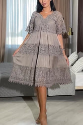 Women's Solid Lace Panel Midi Dress